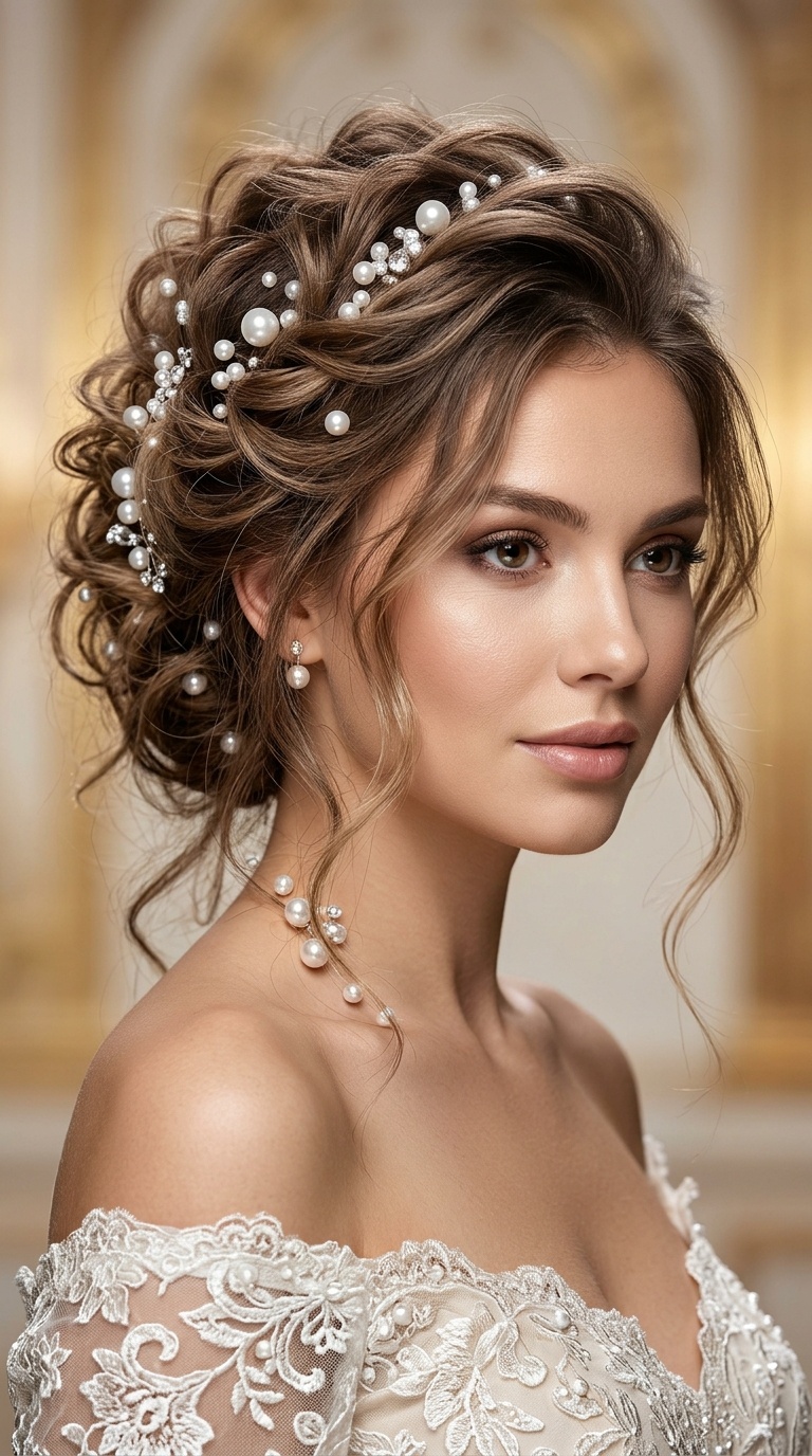 Messy Romantic Updo with Pearls