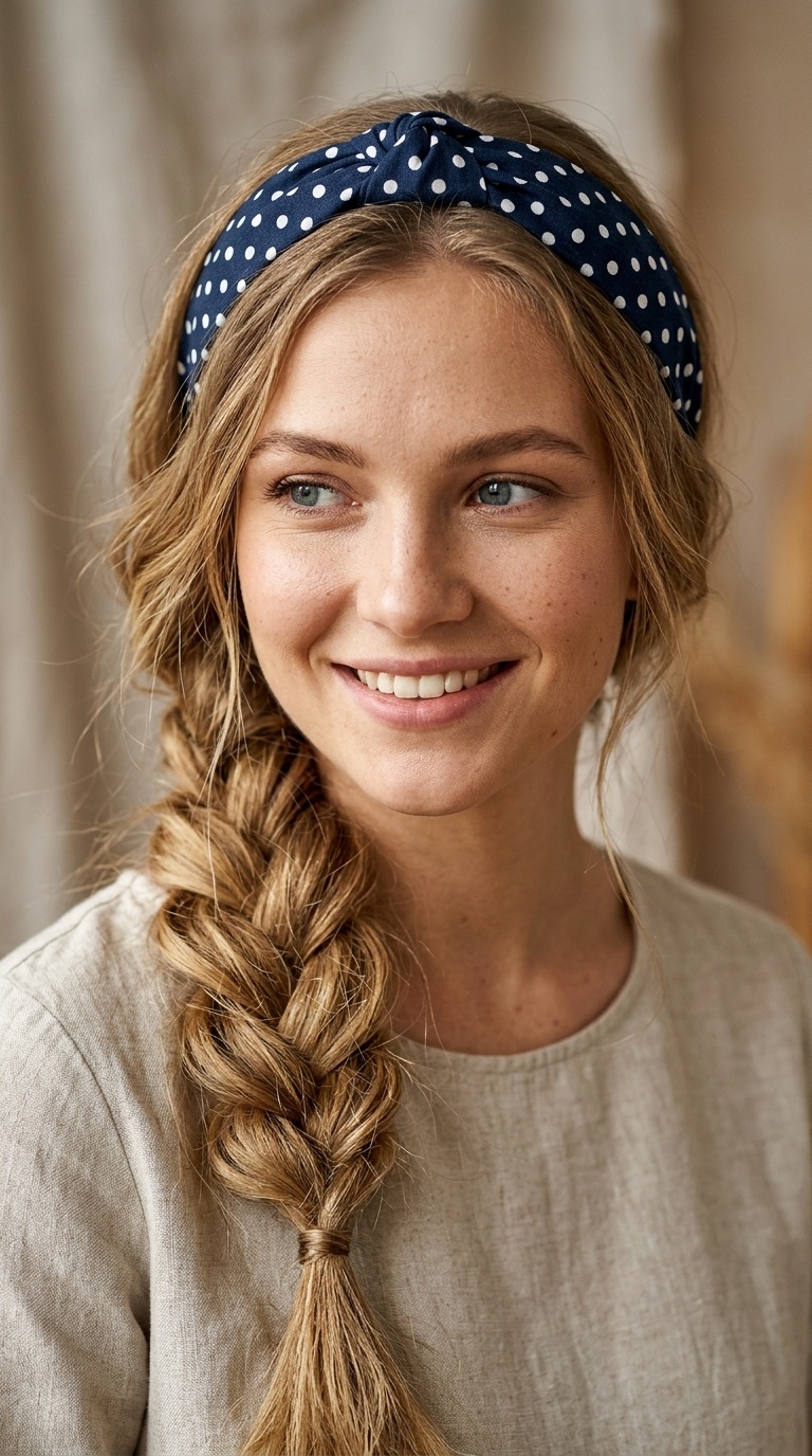 Messy Side Braid with a Polka Dot Knotted Band