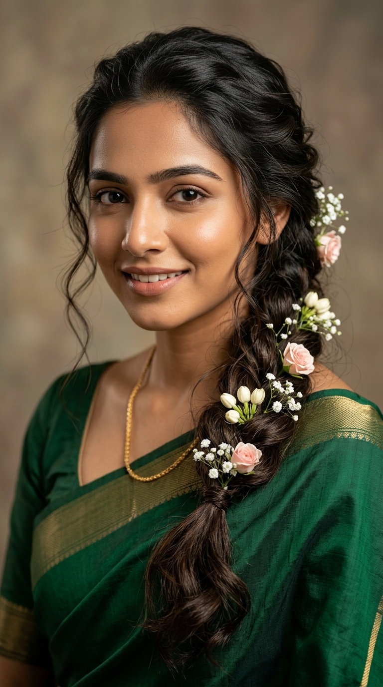 Messy Side Braid with Flowers