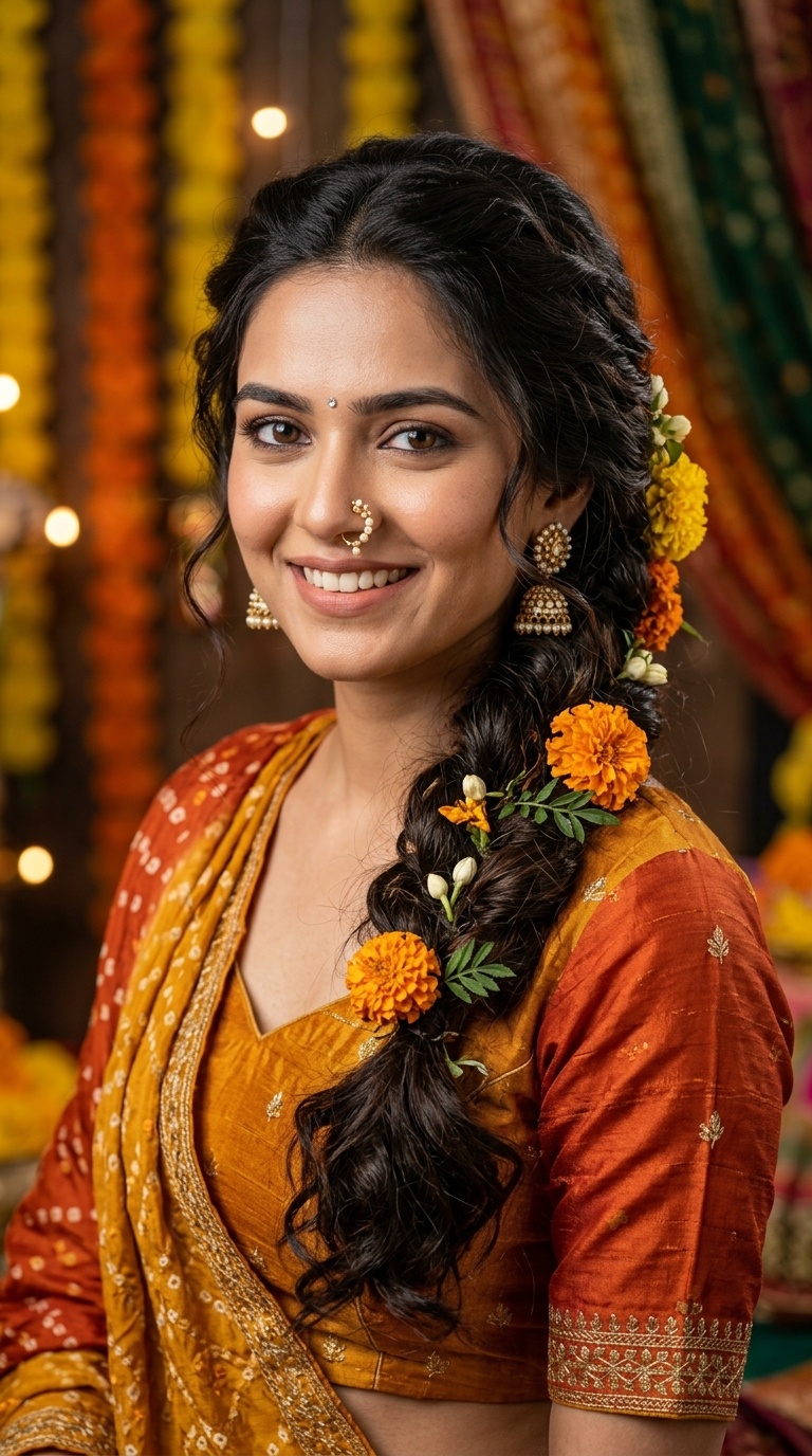 Messy Side Braid with Marigold Accents