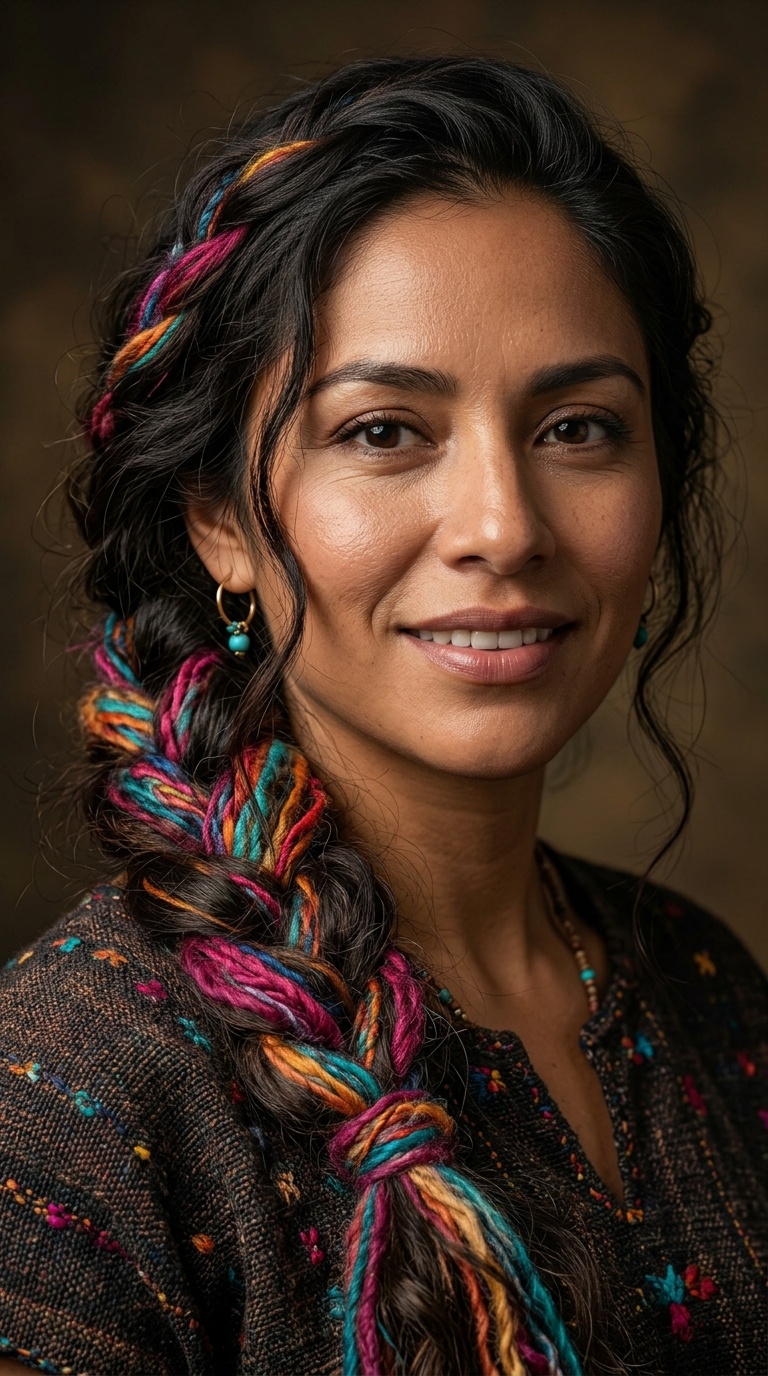 Messy Side Braid with Multi-Colored Yarn