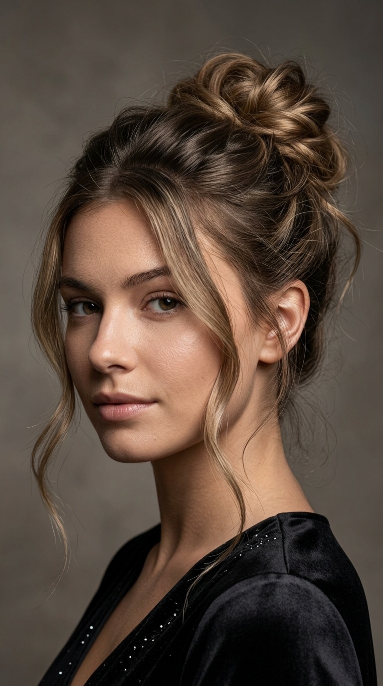 Messy Textured Bun with Face-Framing Tendrils