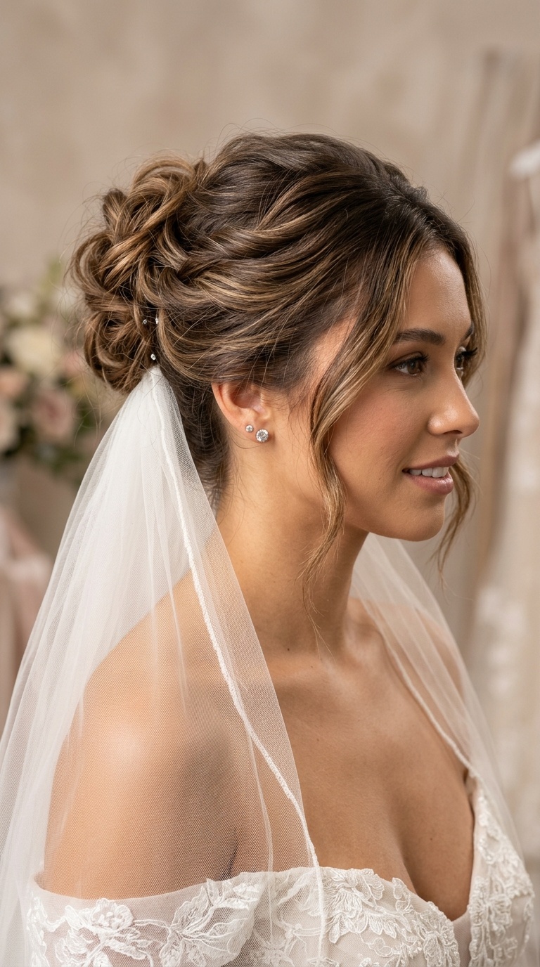 Messy Textured Updo with Mid-Head Placement