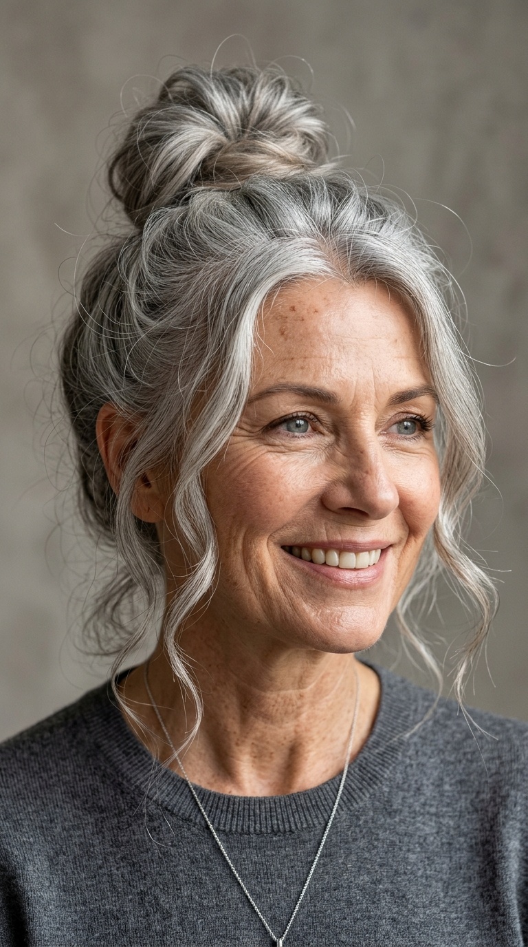 Messy Top Knot for Mature Hair