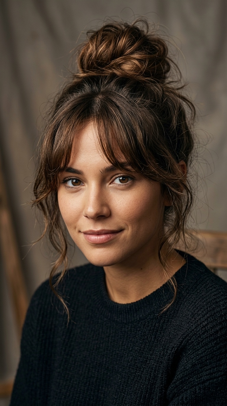 Messy Top Knot with Curtain Fringe