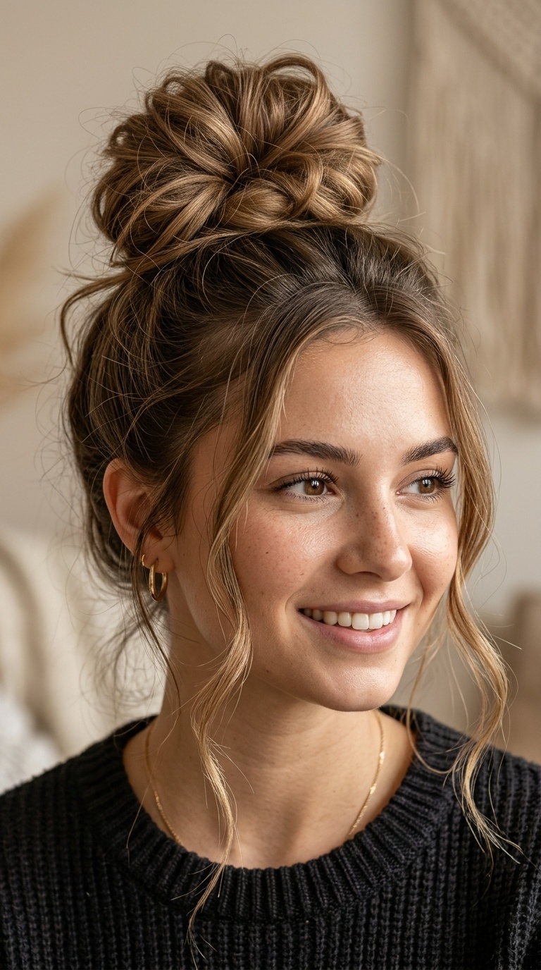 Messy Top Knot with Face-Framing Tendrils