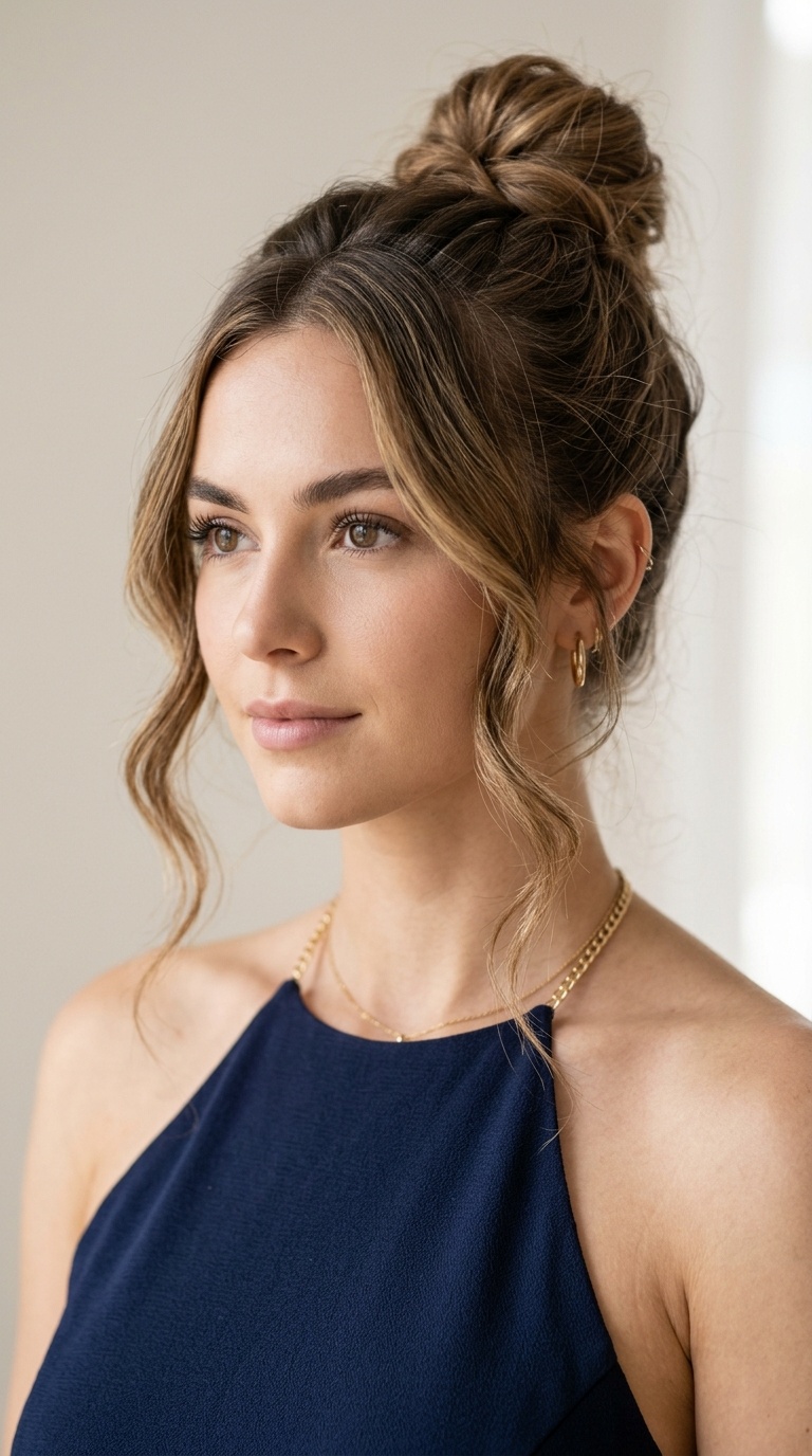 Messy Top Knot with Face-Framing Tendrils