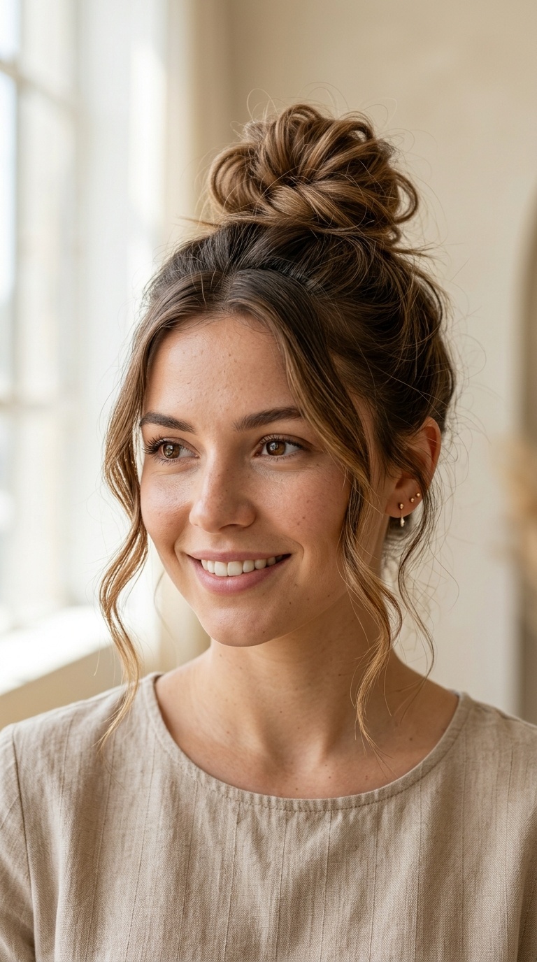 Messy Top Knot with Face-Framing Tendrils