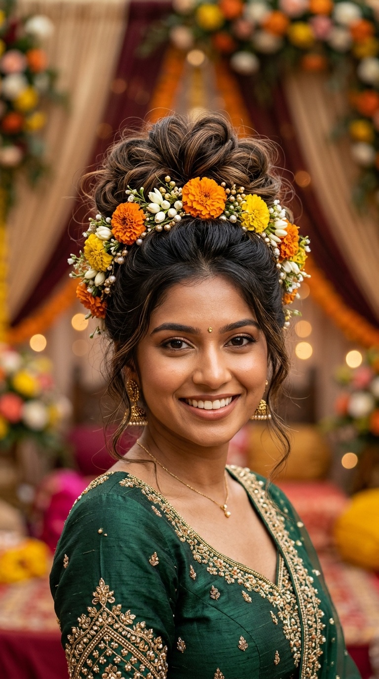 Messy Top Knot with Floral Halo