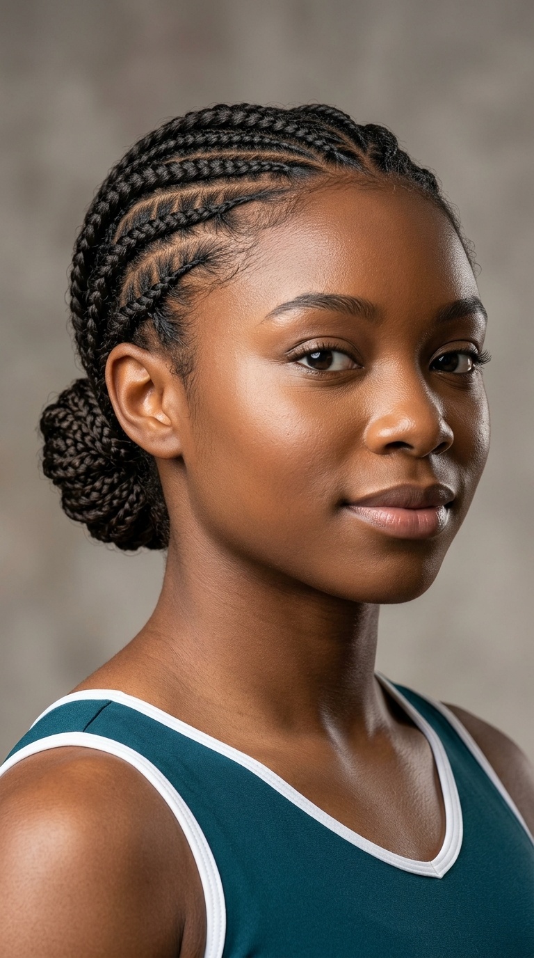 Micro-Cornrows with a Low Mini-Bun