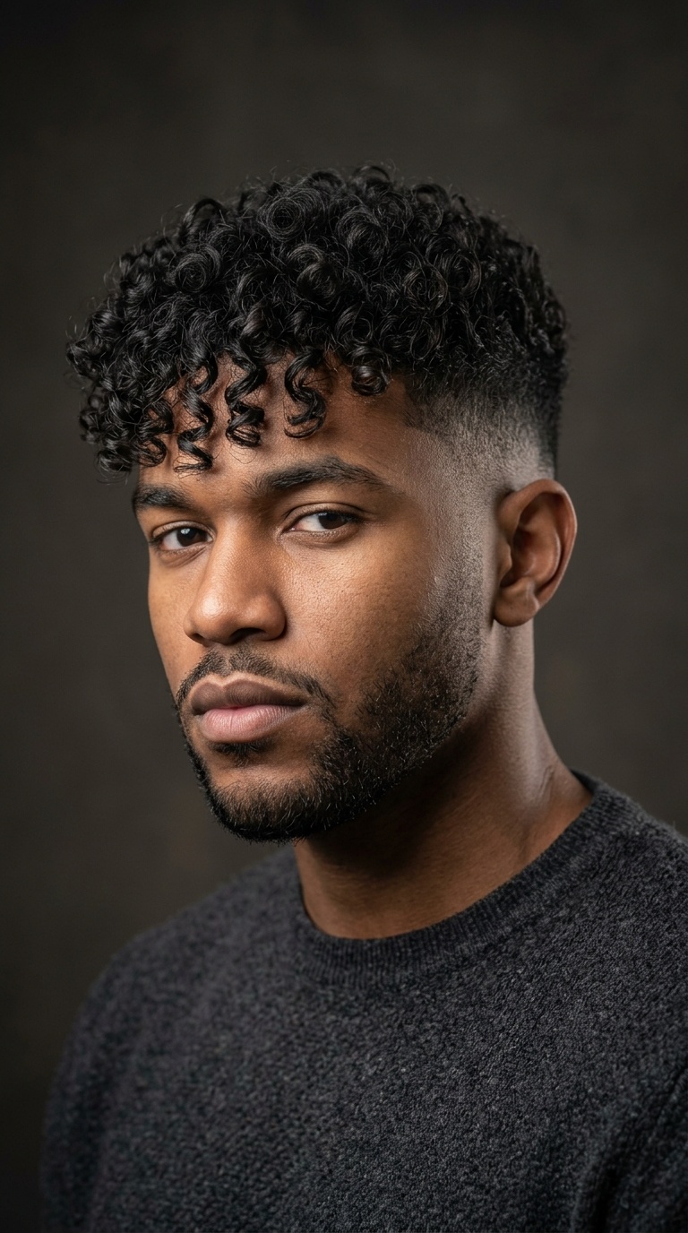 Mid-Length Curly Fringe with Low Fade