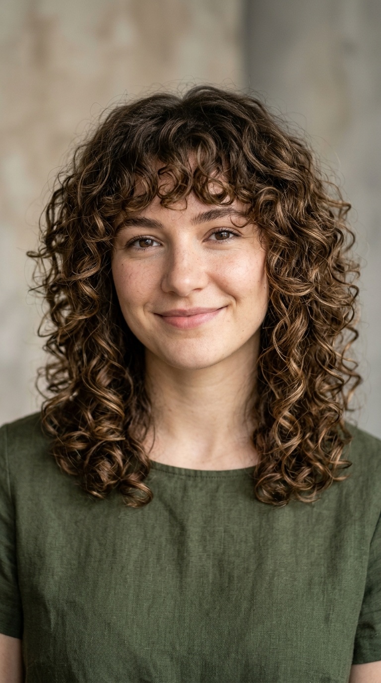 Mid-Length Curly Shag with Face-Framing Fringe