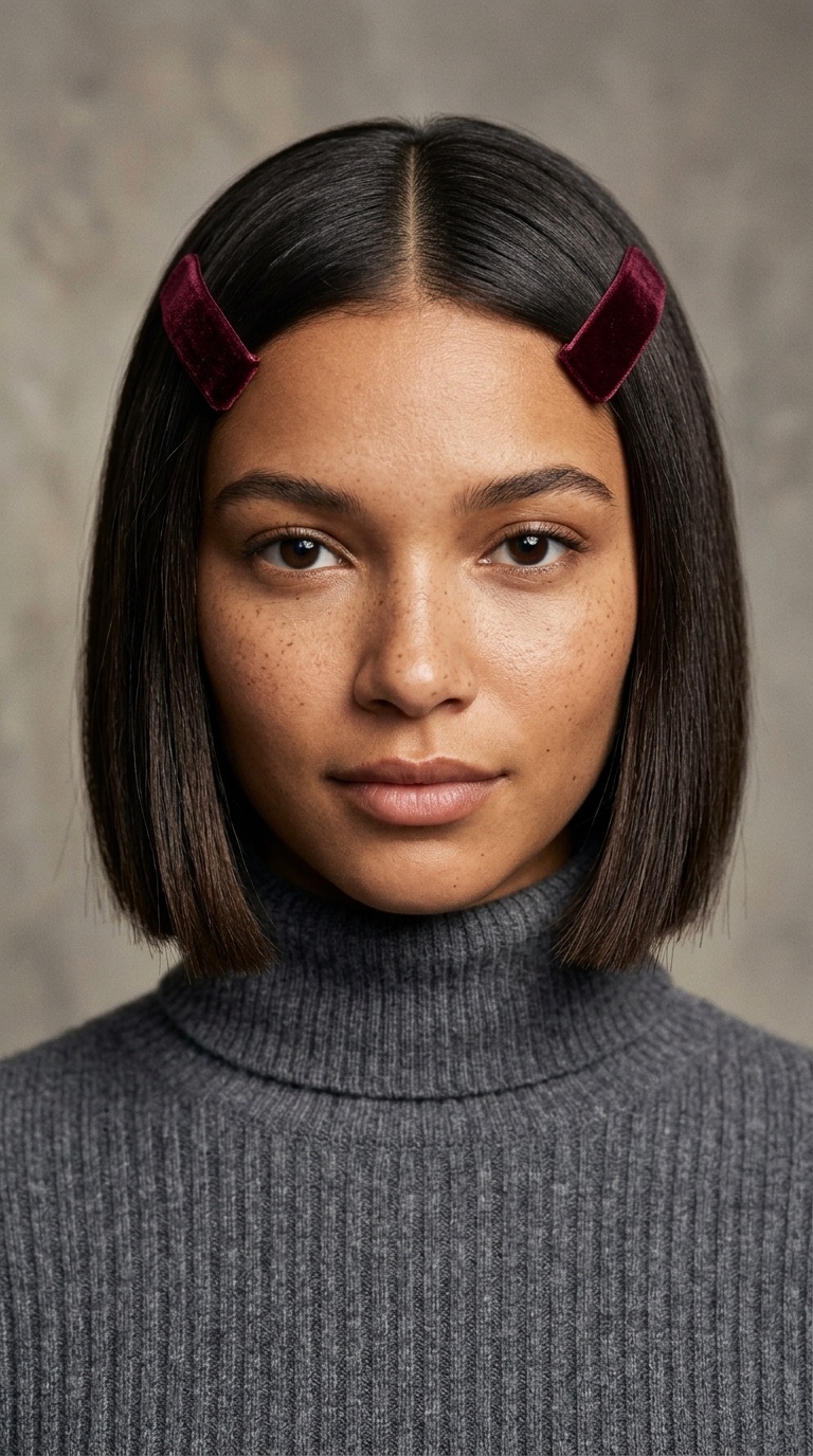 Middle-Parted Blunt Bob with Symmetrical Velvet Clips