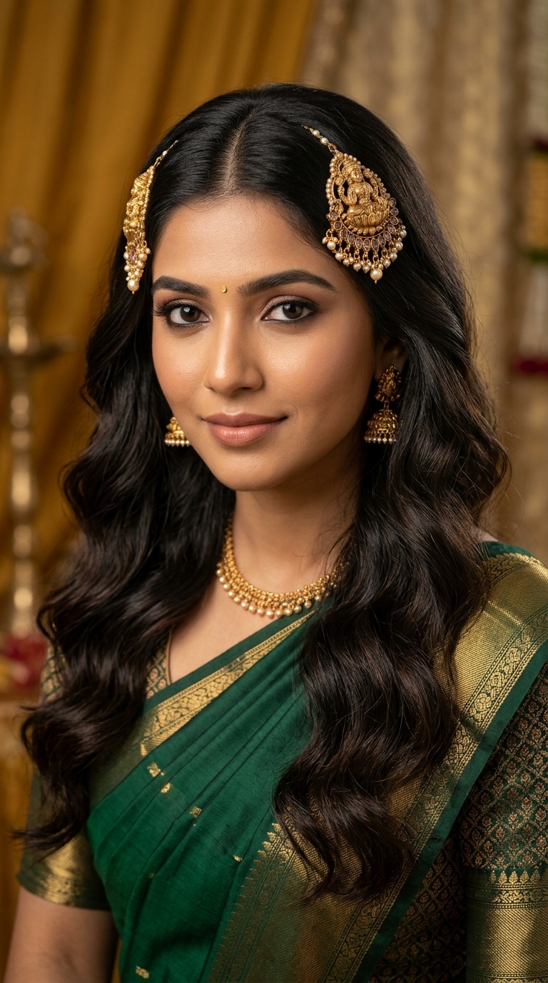 Middle-Parted Soft Waves with Temple Jewelry