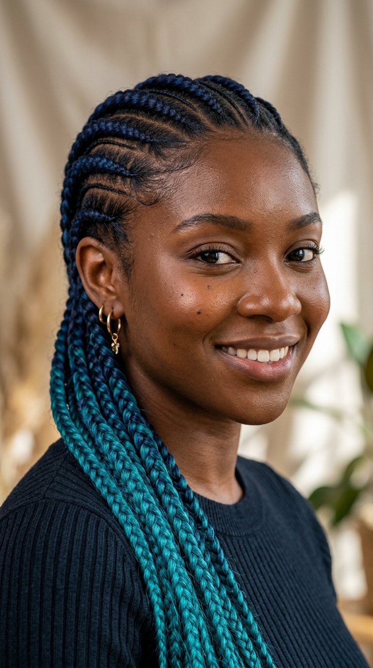 Midnight Blue to Teal Feed-in Braids