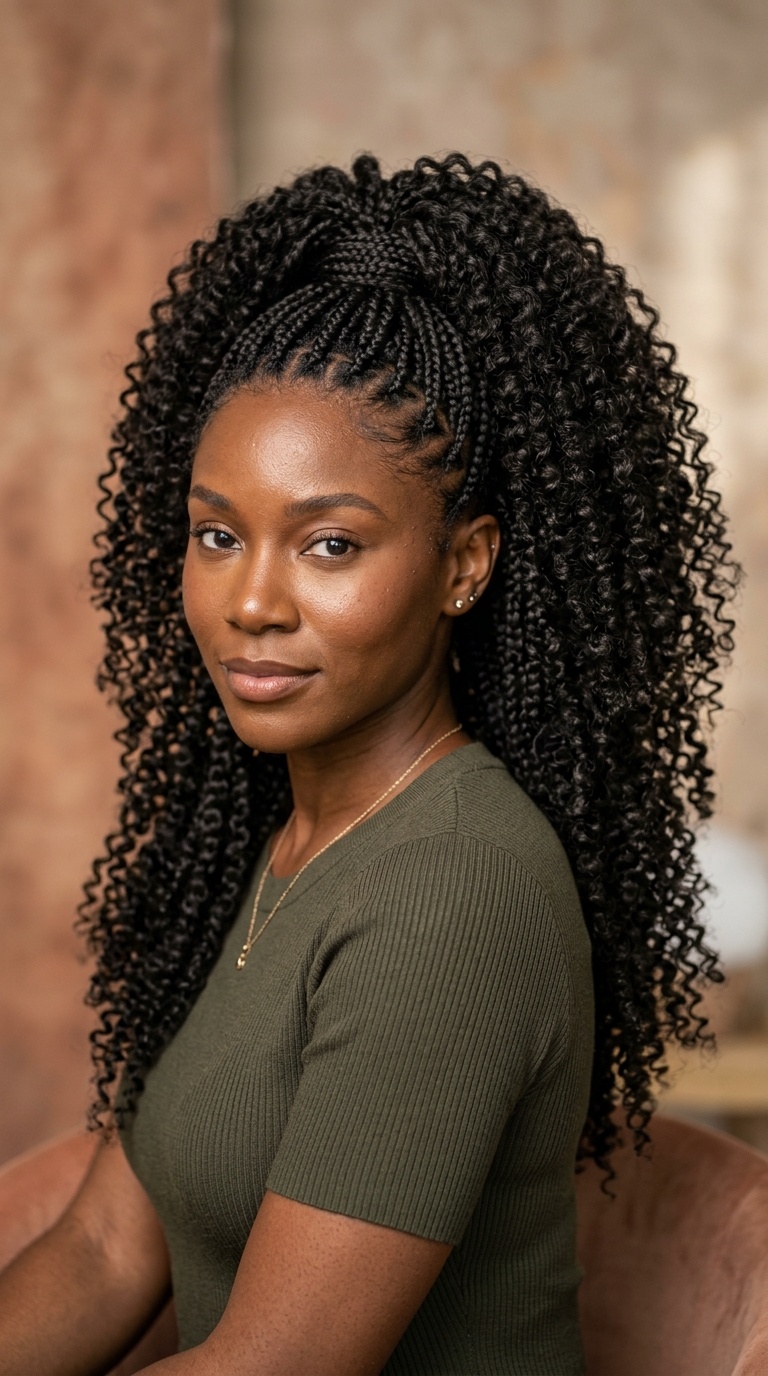 Multi-Braid High Curly Ponytail