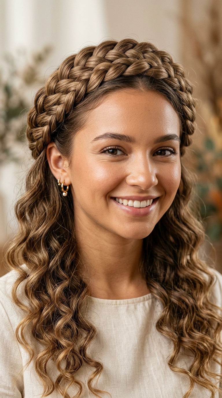 Multi-Strand Braid Crown with Soft Curls