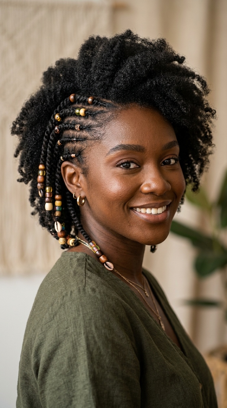 Natural Afro with Beaded Side Flat-Twists