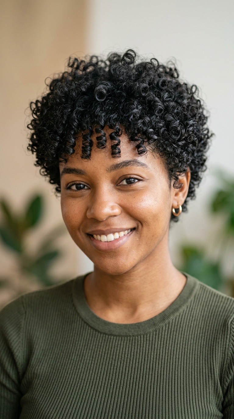 Natural Texture Pixie with Short Curly Bangs