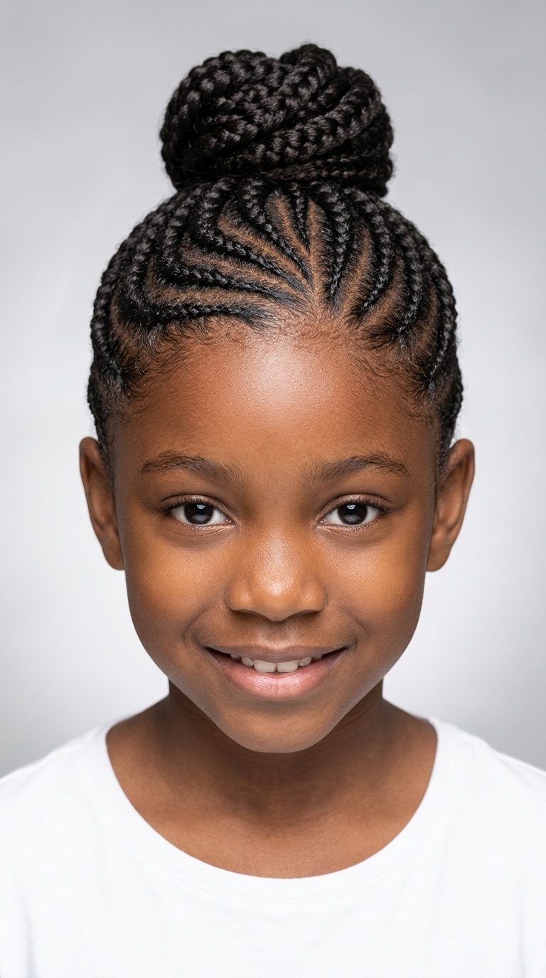 Neatly Patterned Cornrows into a Bun