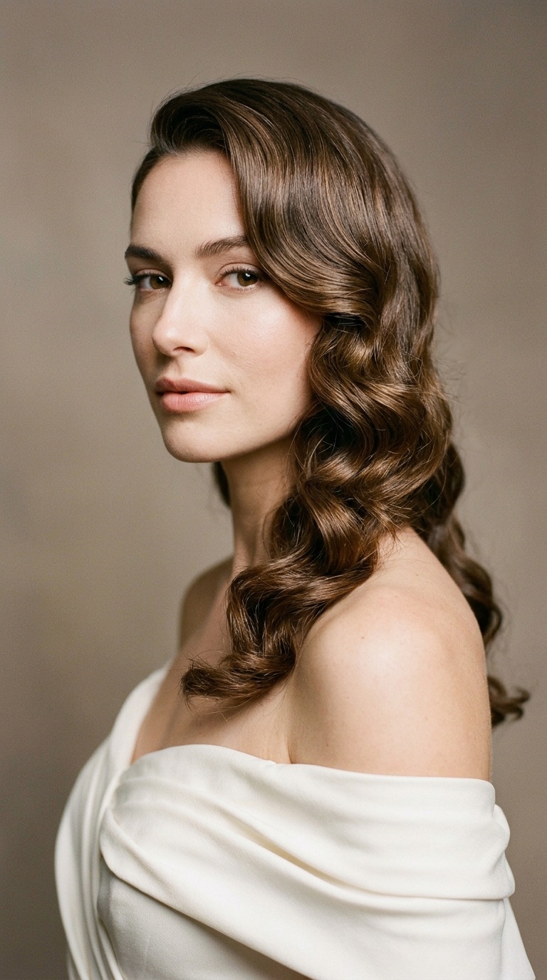 Off-the-Shoulder and Side-Swept Hollywood Waves