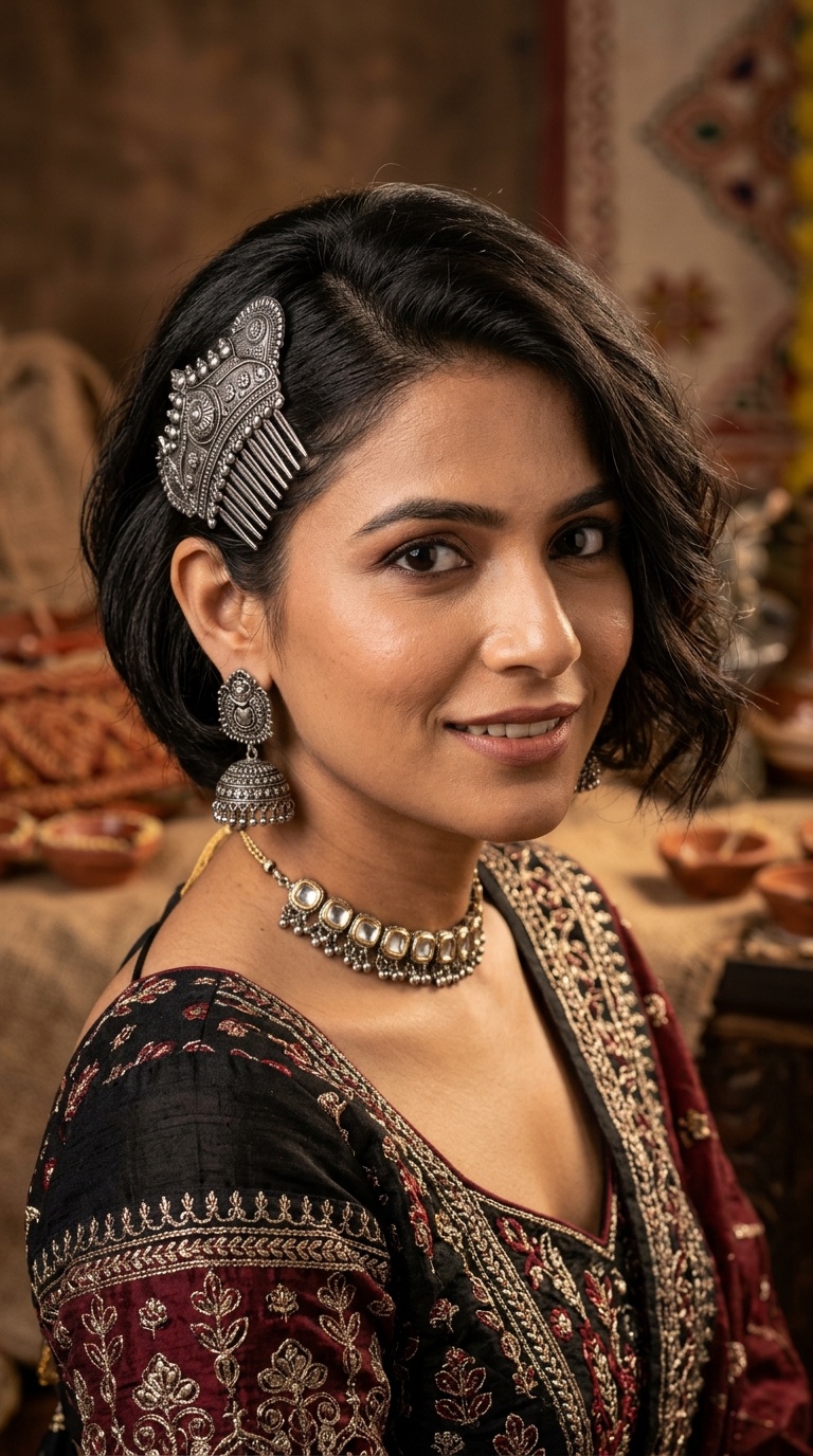One-Side Tucked Bob with Oxidized Hair Comb