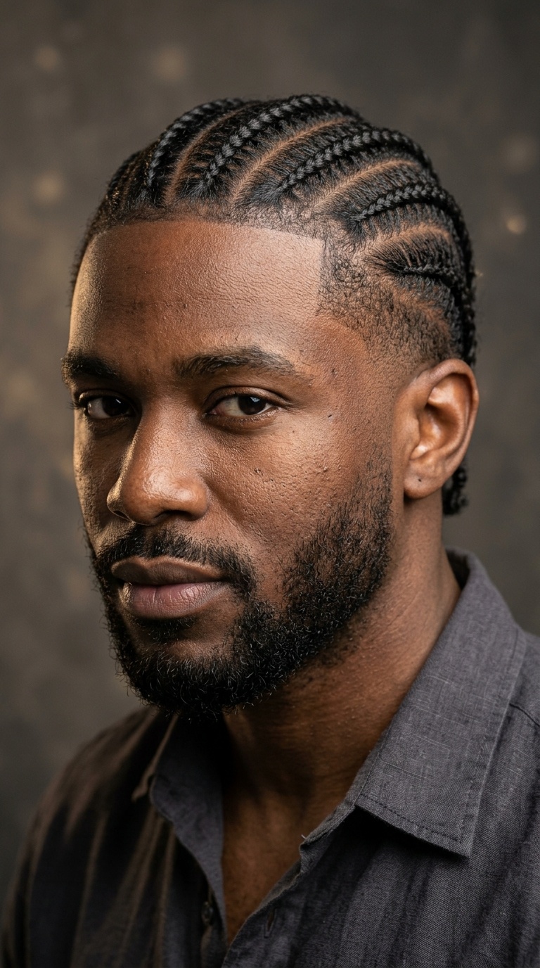 Parallel Row Cornrows with Temple Fade
