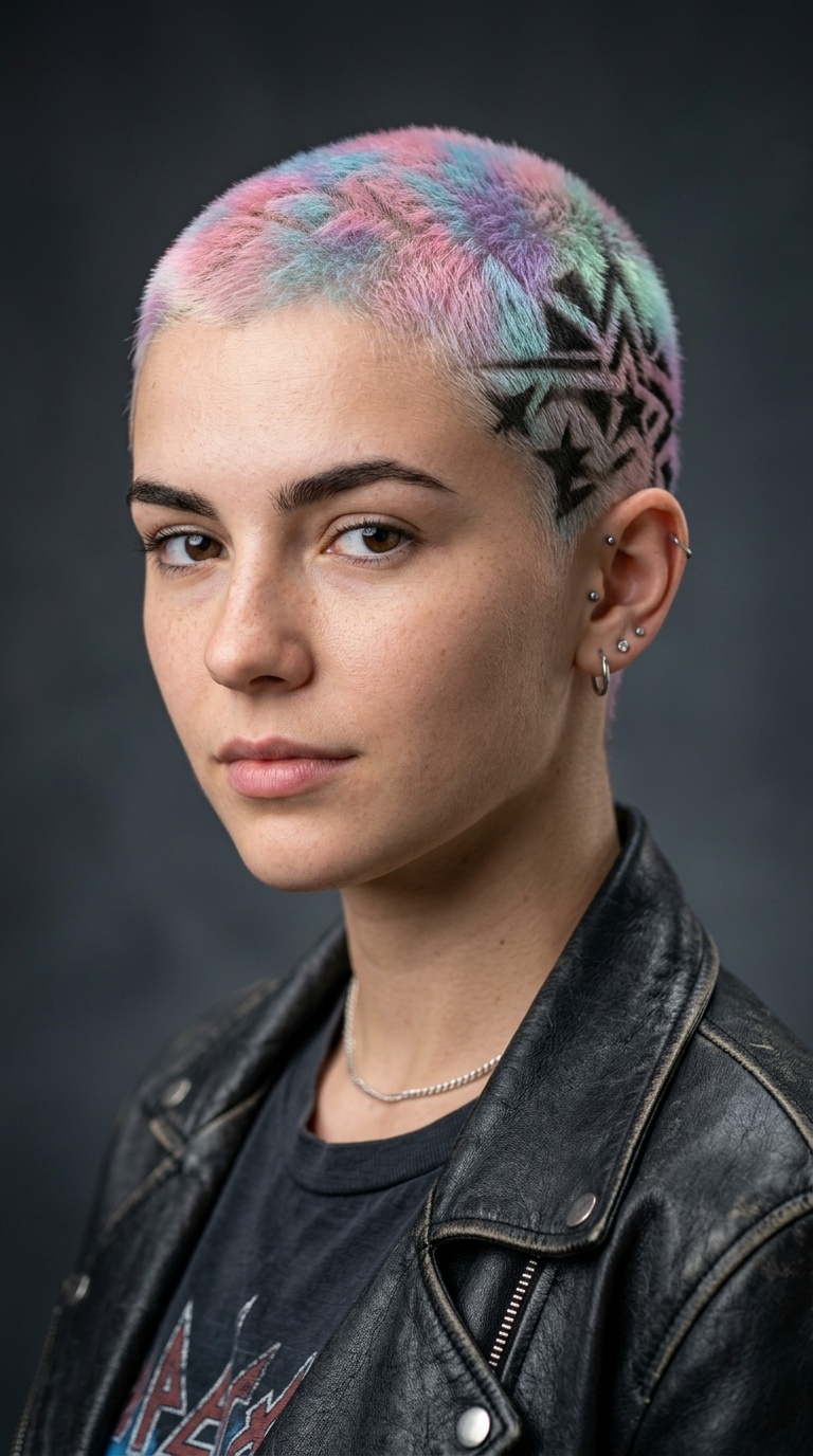 Pastel Buzz Cut with Stencil Art