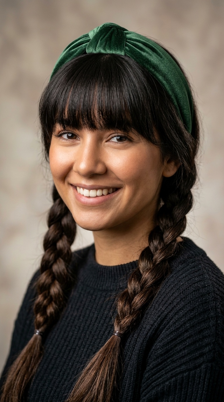 Pigtail Braids with Heavy Bangs and Oversized Headband