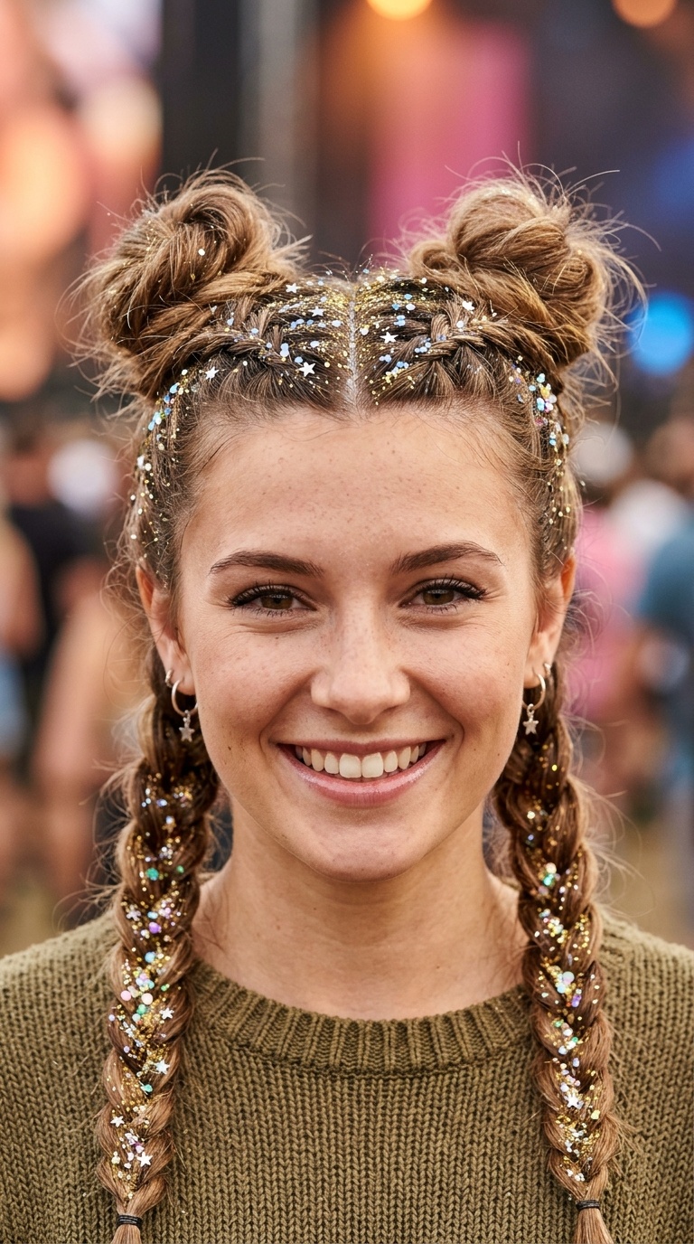 Pigtail-to-Space-Bun Hybrid with Bio-Glitter