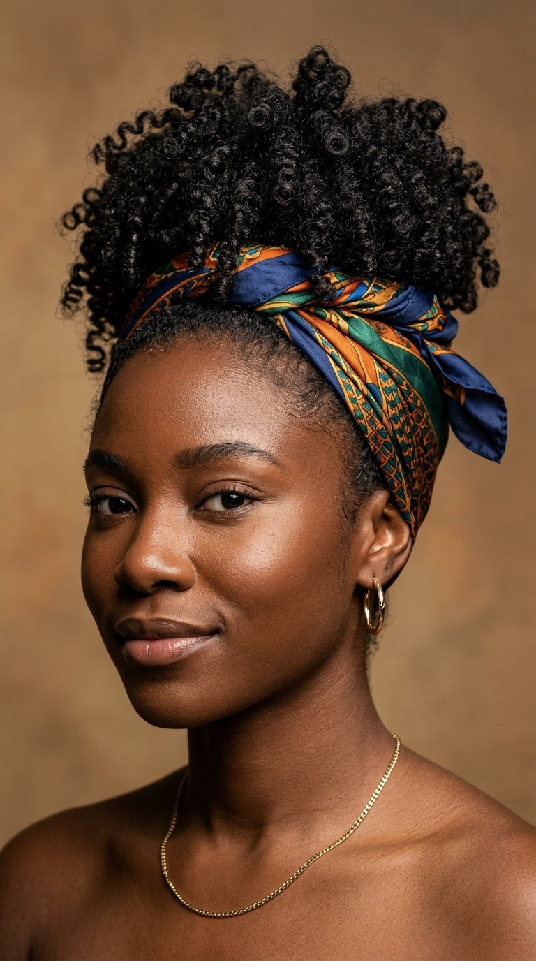 Pineapple Updo with Defined Curls and Silk Scarf