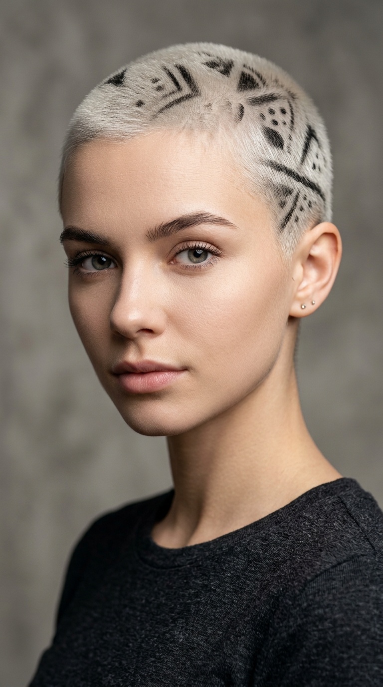 Platinum Buzz Cut with Stenciled Designs