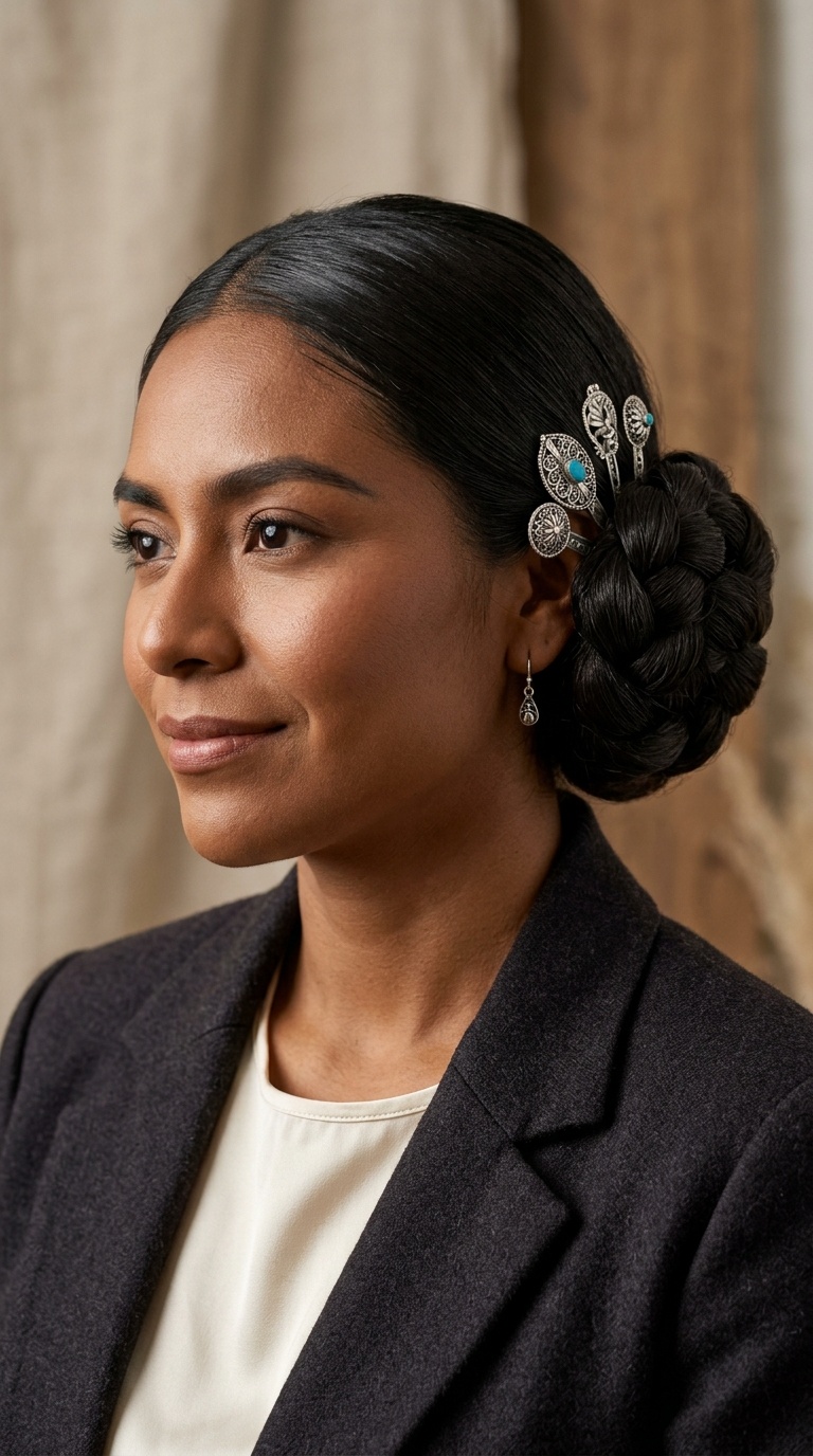 Polished Chignon with Taxco Silver Pins