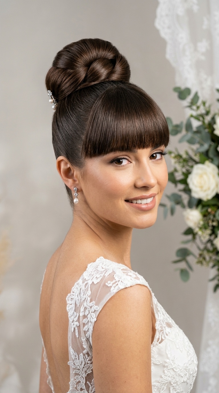 Polished High Bun with Blunt Fringes