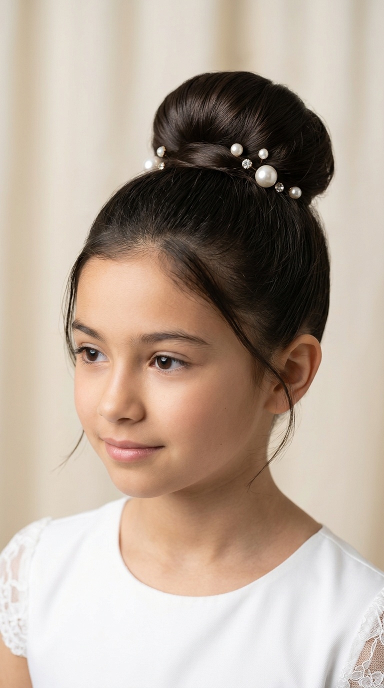 Polished High Bun with Pearl Pins