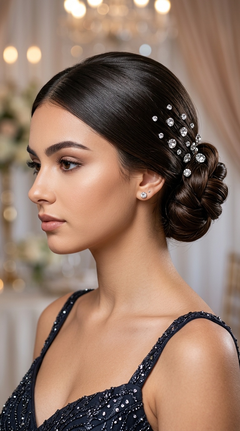 Polished Low Bun with Rhinestone Pins