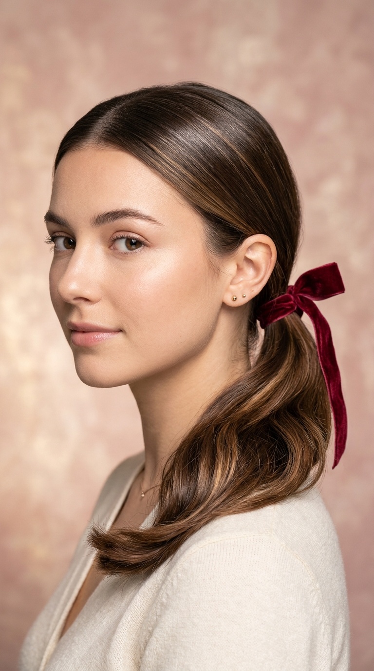 Polished Low Ponytail with Velvet Ribbon