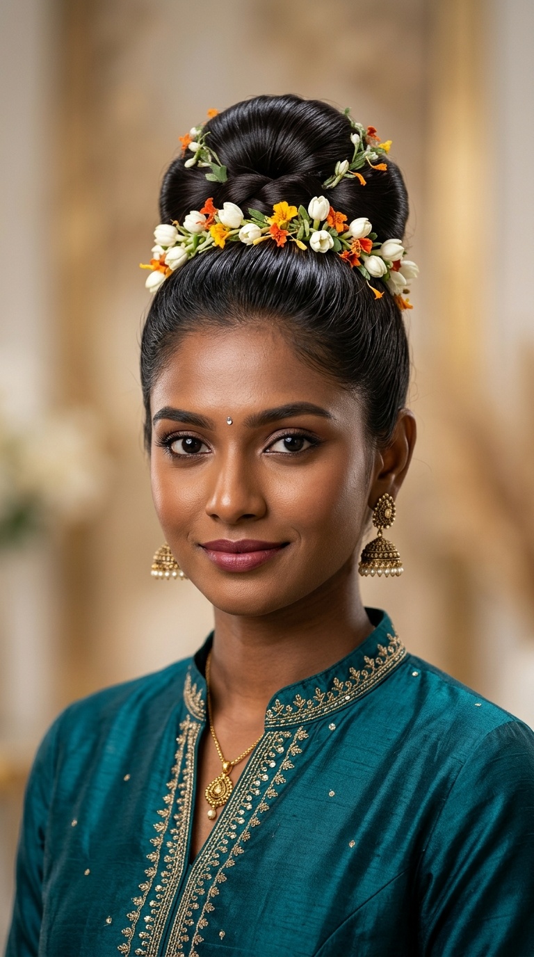 Polished Top Knot with Floral Accents