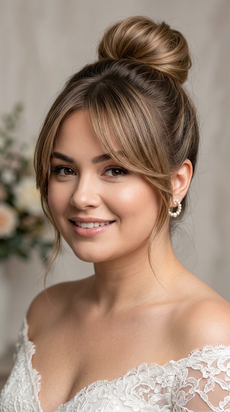 Polished Top Knot with Long Side-Swept Bangs