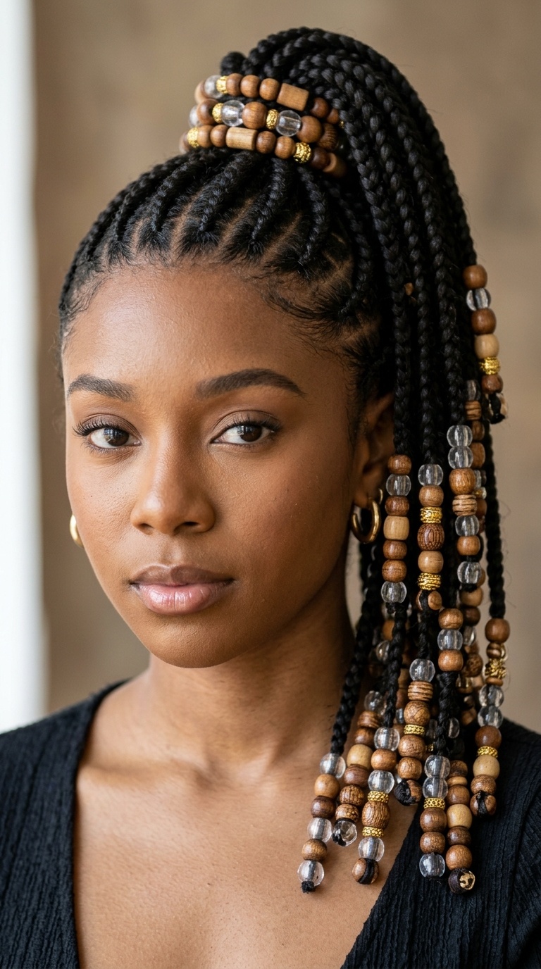 Ponytail Braids with Multi-Level Beading