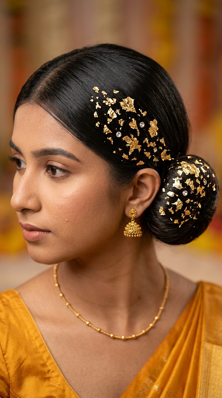 Pulled-Back Sleek Hair with Gold Foil