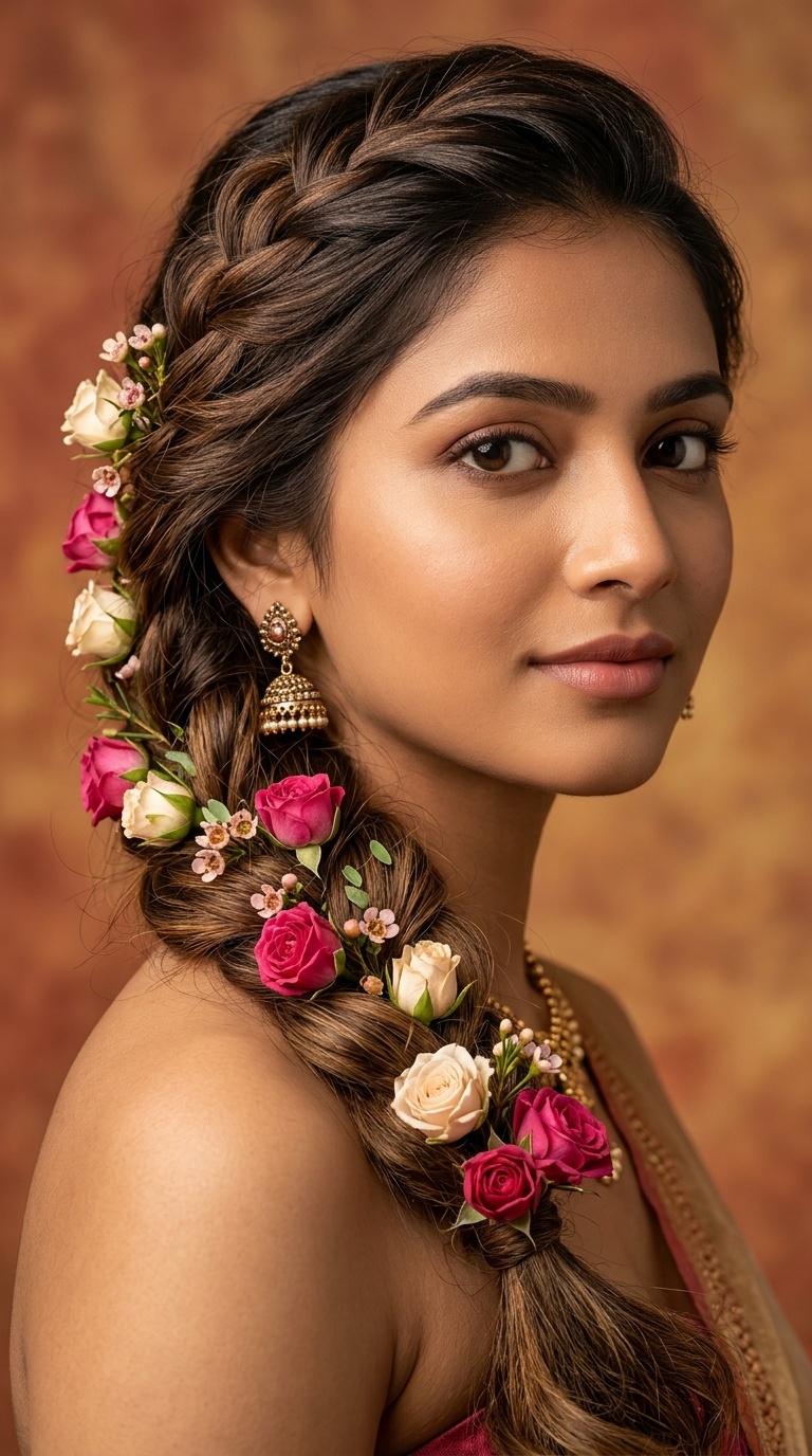 Relaxed Side Braid with Real Rose Buds