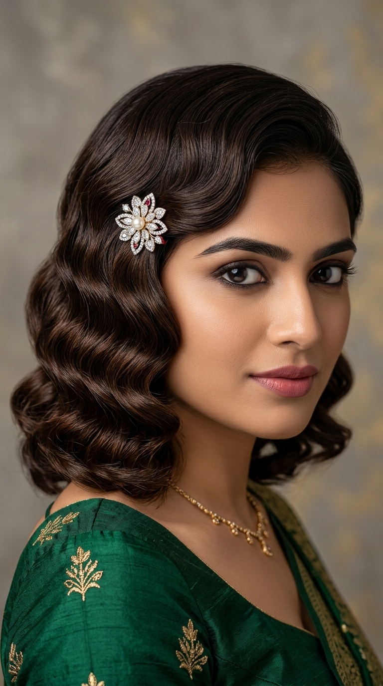 Retro Finger Waves with Jeweled Floral Pin