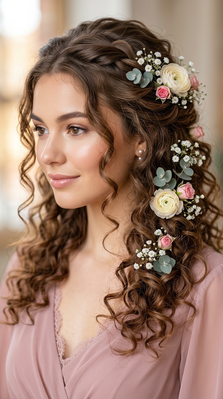 Romantic Half-Up Half-Down with Floral Accents