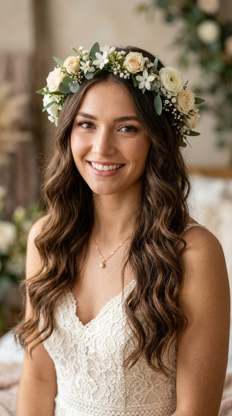 Romantic Loose Waves with Floral Crown