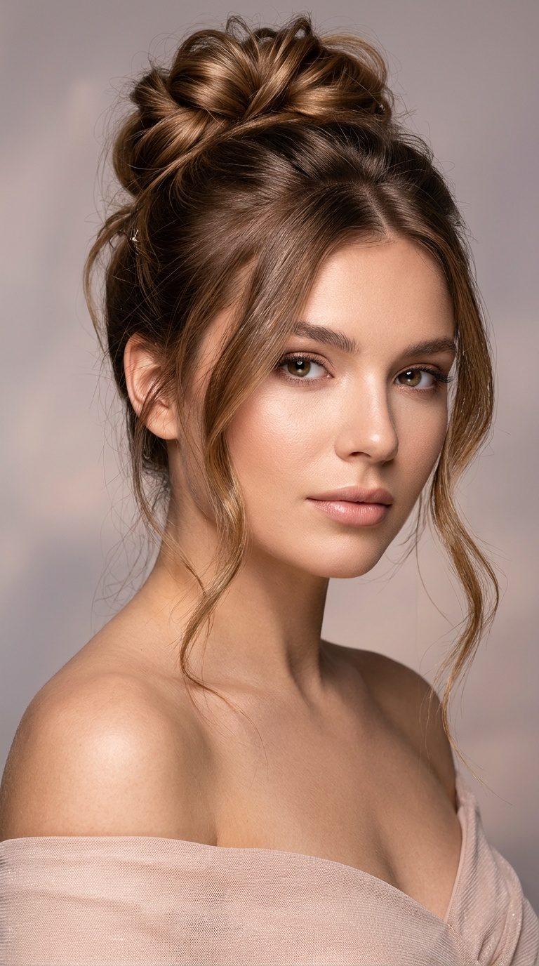 Romantic Messy Bun with Face-Framing Tendrils