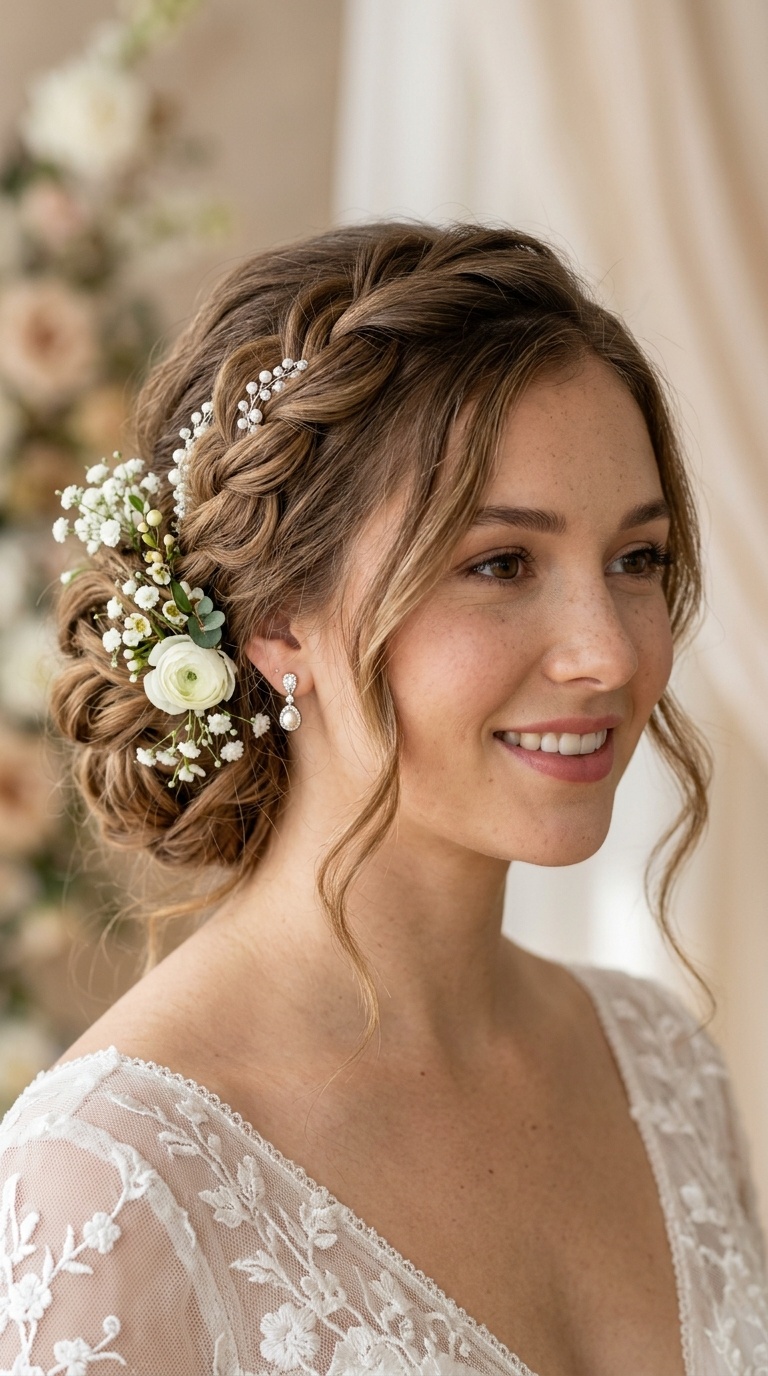 Romantic Side Bun with Floral Accents