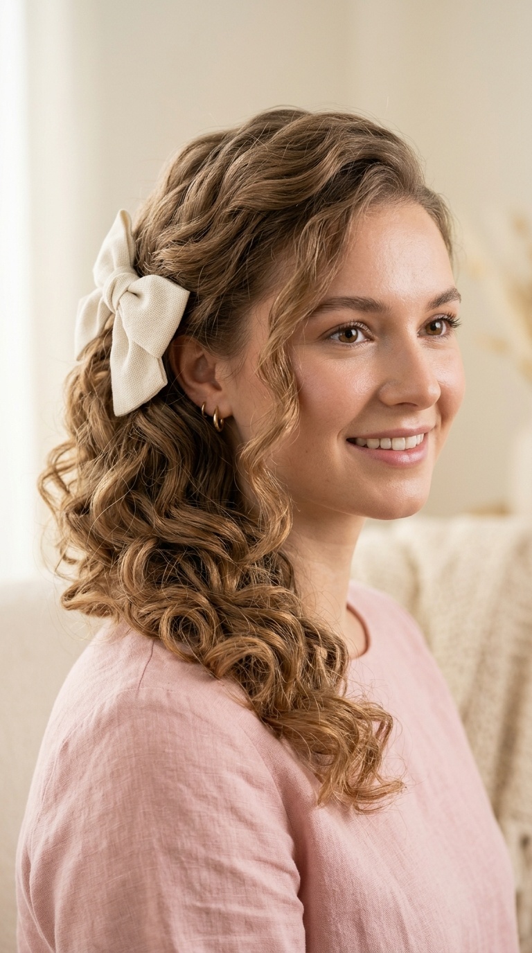 Romantic Side-Swept Curls with Barrette Bow