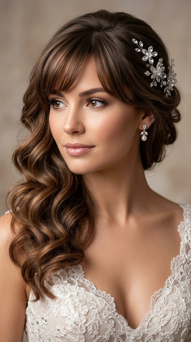 Romantic Side-Swept Curls with Tapered Bangs