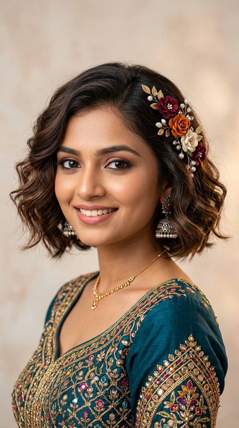 Romantic Soft Waves with Floral Pins